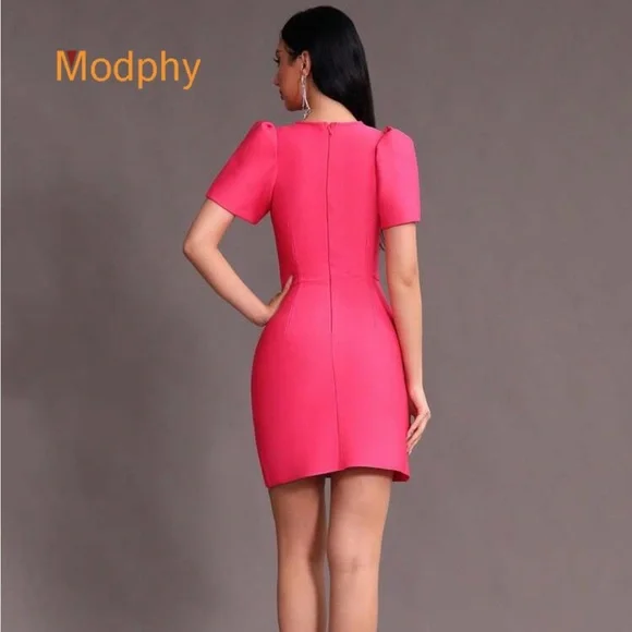 SHEIN Hot Pink Bow-Front Puff Sleeve Mini Dress - Picture 2 of 4